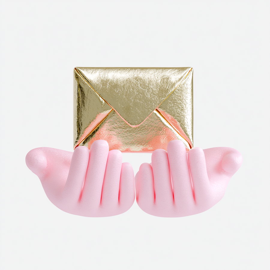 Two pink stylized hands holding a shiny gold envelope on a white background