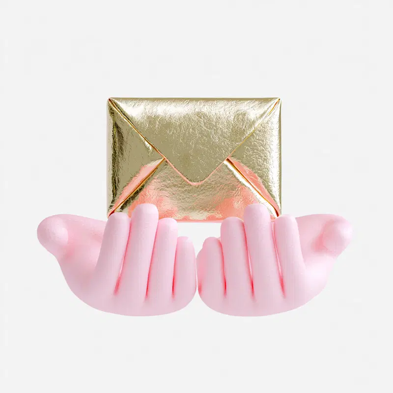 Digital 3D artwork featuring stylized hands holding a golden envelope
