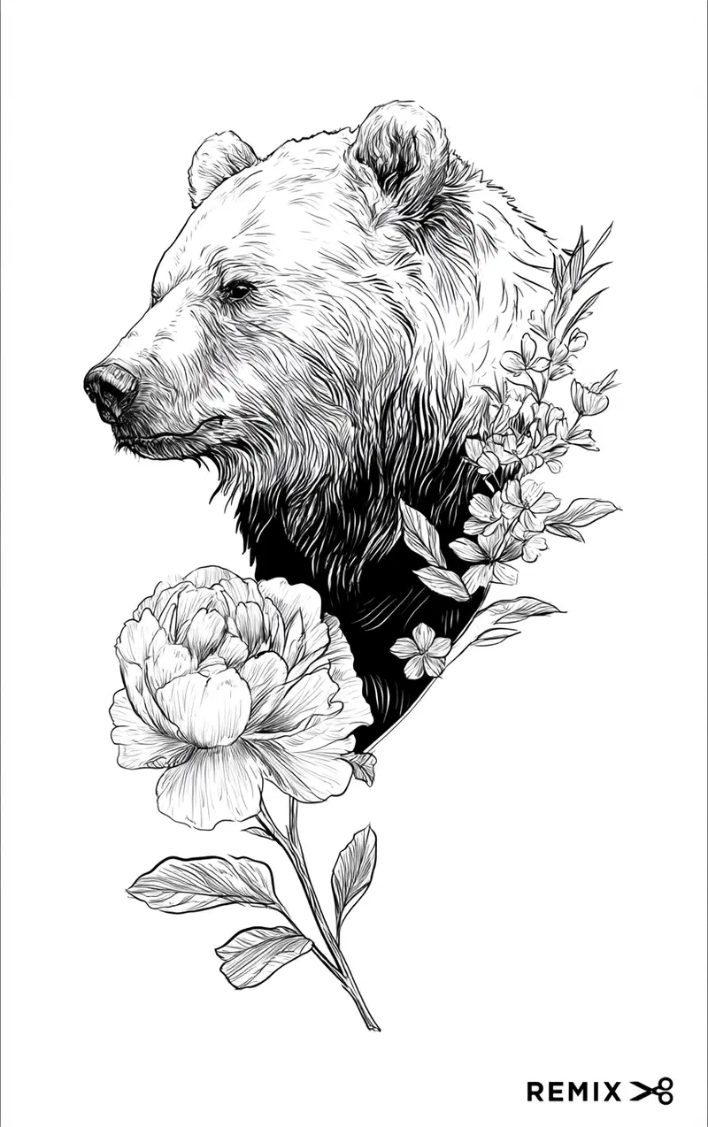 Detailed black and white ink drawing of a bear's head with floral elements