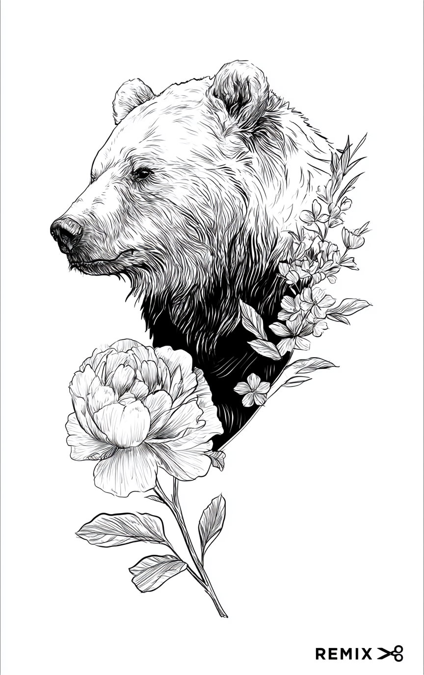 Black and white detailed ink drawing of a bear's head in profile with flowers and leaves surrounding it on a white background