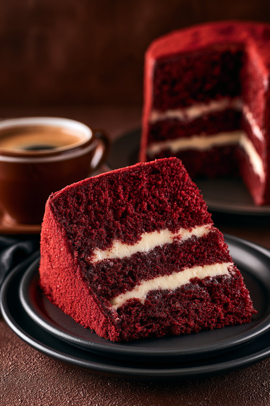 A close-up image of a slice of red velvet cake with two layers of cream cheese frosting on a black plate, with a whole cake and a cup of coffee in the background.