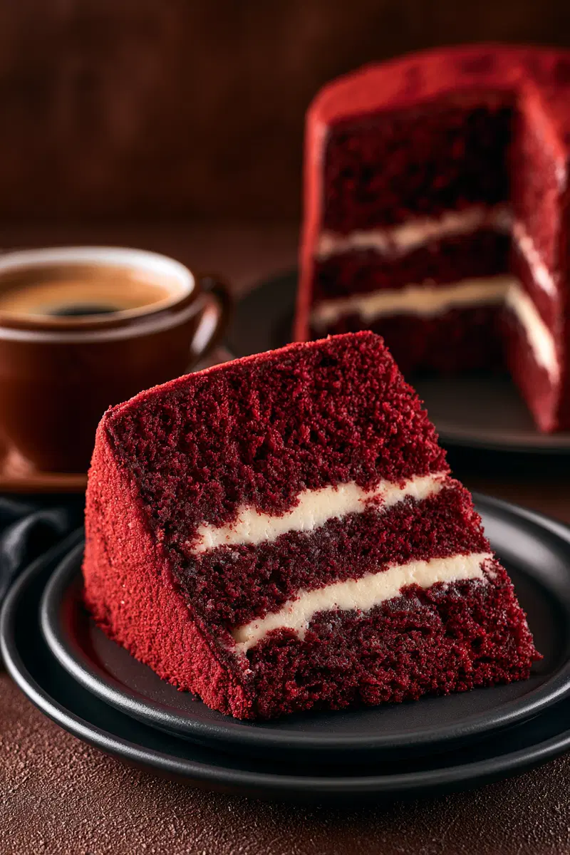 Close-up of a rich red velvet cake slice with cream cheese frosting
