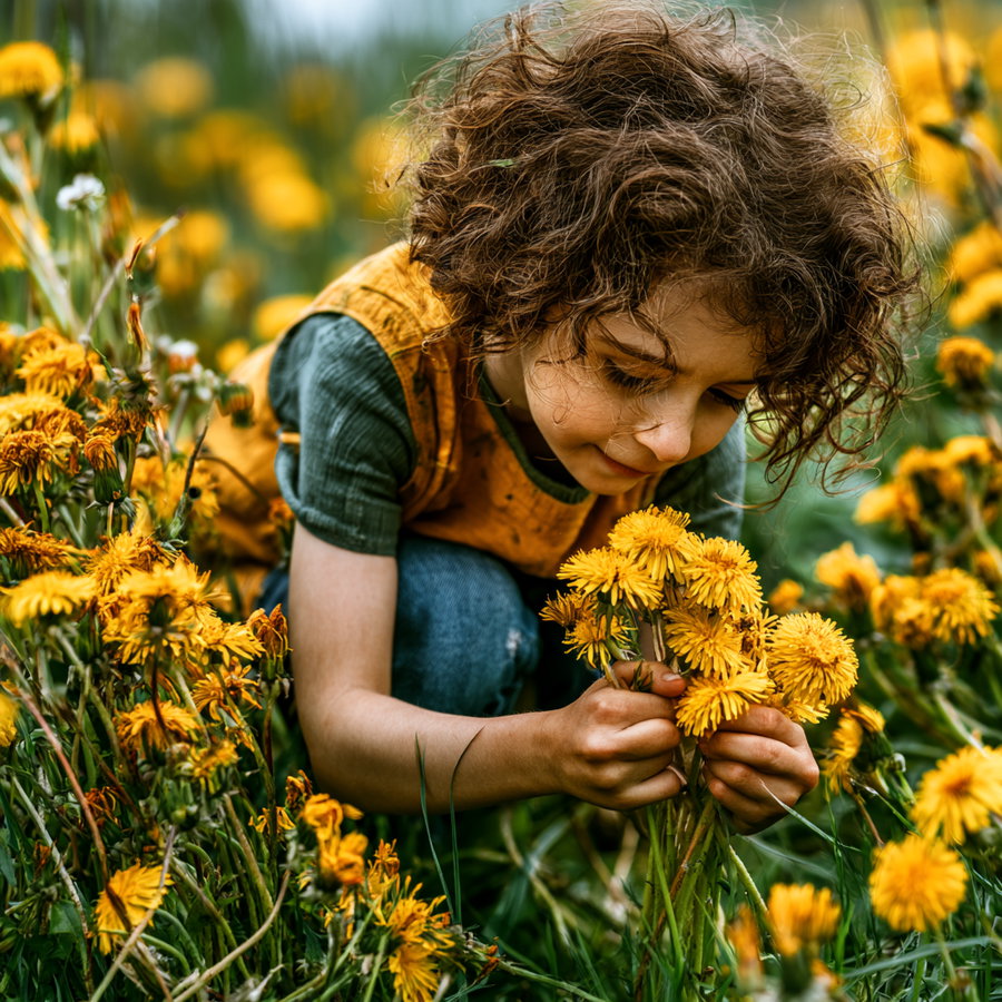 A child with curly hair wearing a green shirt and orange vest crouches in a field filled with yellow dandelion flowers, holding a bunch of dandelions close and looking at them closely.