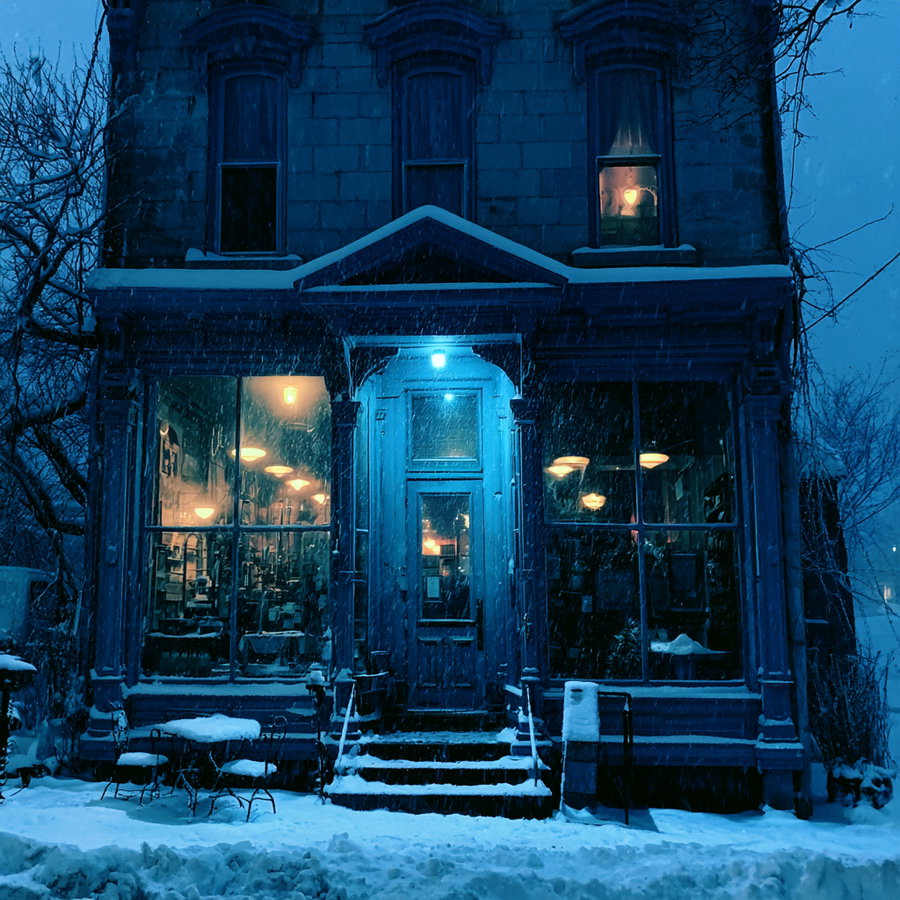 Photograph of a vintage building at night during snowfall with warm indoor lights visible through large front windows and snow covering outdoor furniture and steps