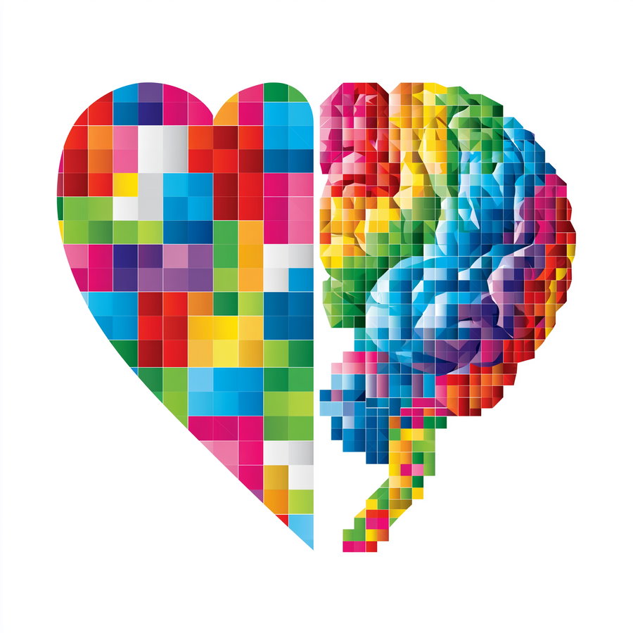 An abstract colorful artwork showing a heart on the left and a brain on the right, both made of small square and rectangular geometric shapes in a variety of bright colors.