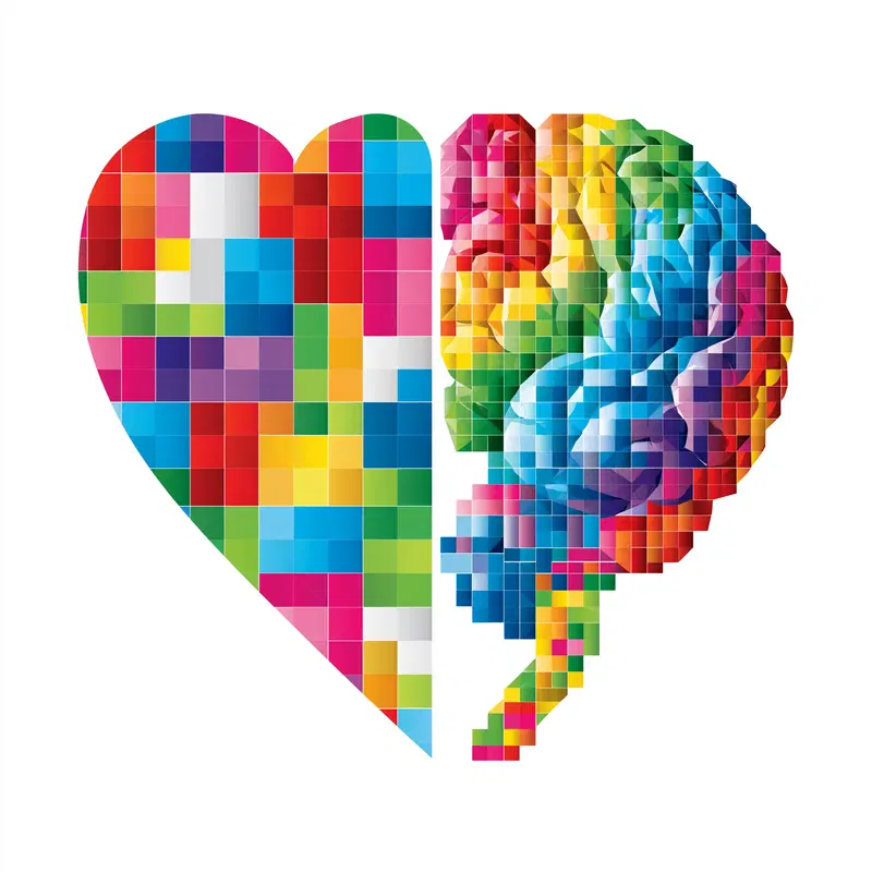 Colorful abstract art blending a heart and a brain composed of vibrant geometric shapes