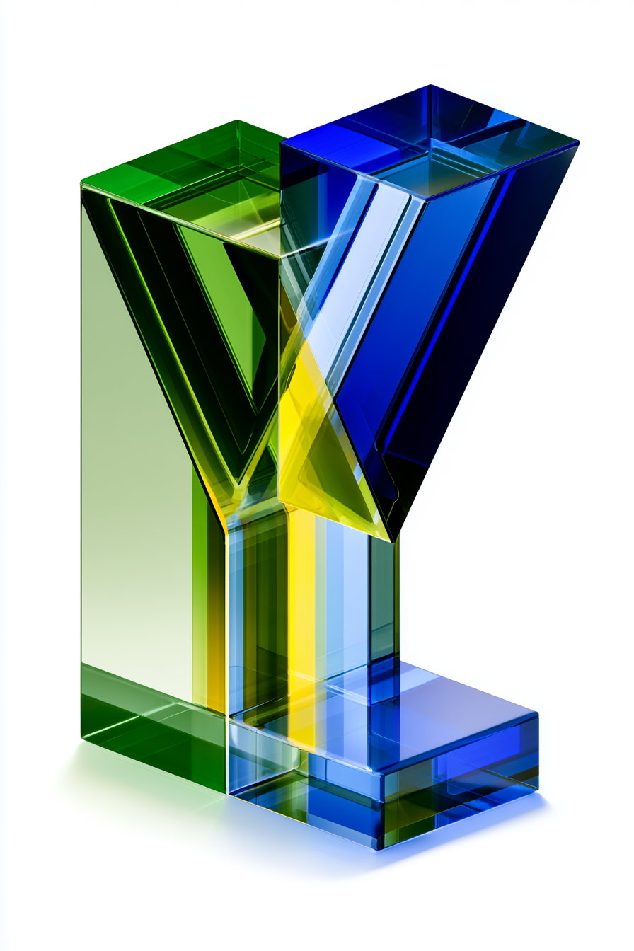Digital illustration showing the letters Y and L made of transparent glass-like cubic shapes in blue and green colors on a white background
