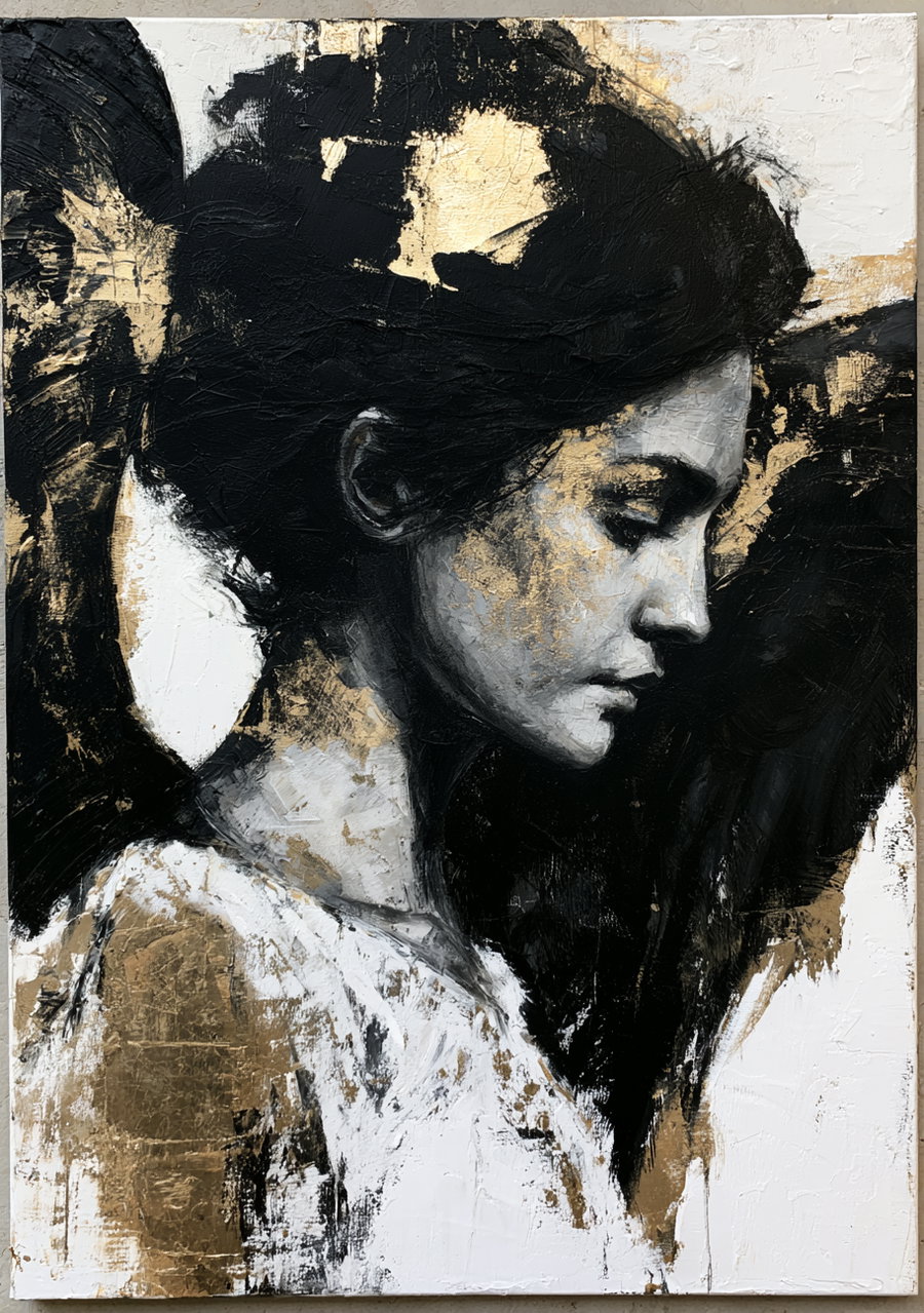 Textured portrait painting of a woman in profile facing right, using black, white, gray, and gold tones with a rough, expressive brushwork style