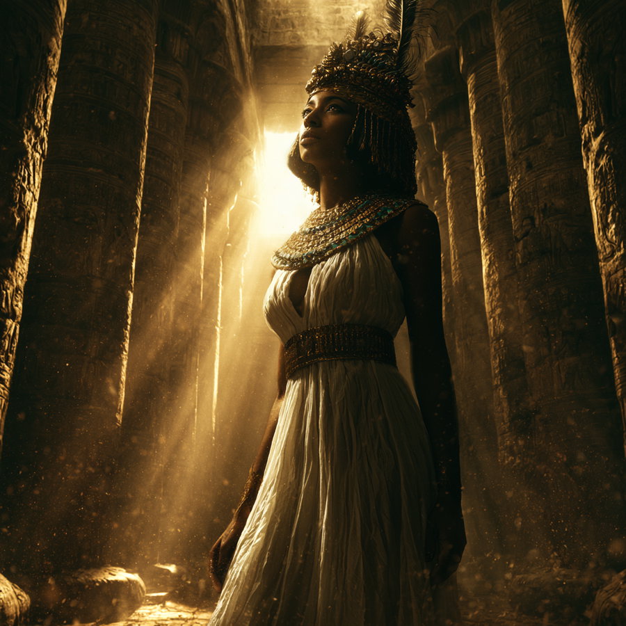 A woman dressed as an ancient Egyptian queen wearing a white dress and ornate headdress standing in a temple with carved pillars and sunlight streaming in.