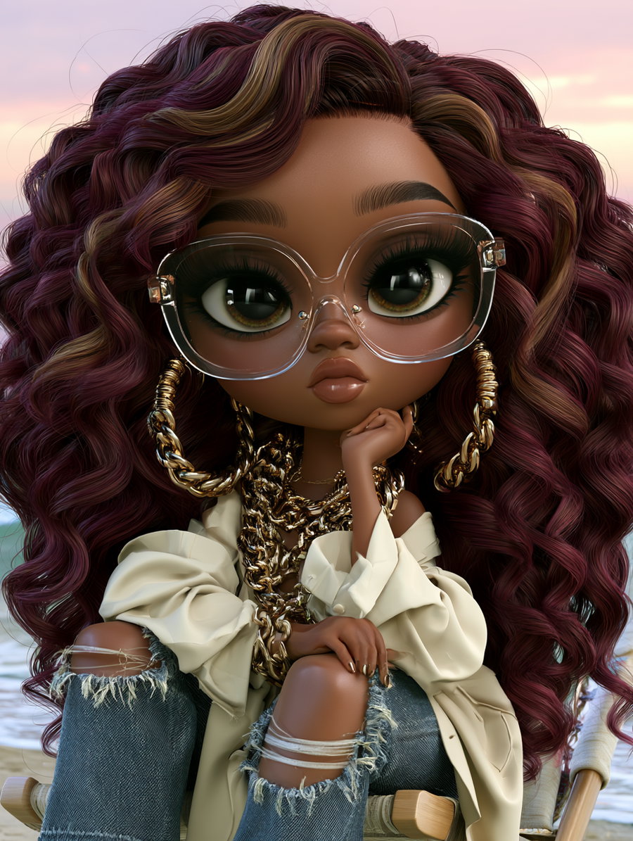3D digital portrait of a woman with dark skin, large expressive eyes behind big transparent glasses, voluminous curly hair with highlights, wearing chunky gold jewelry, ripped jeans, and a loose beige shirt, sitting on a chair near a body of water at sunset