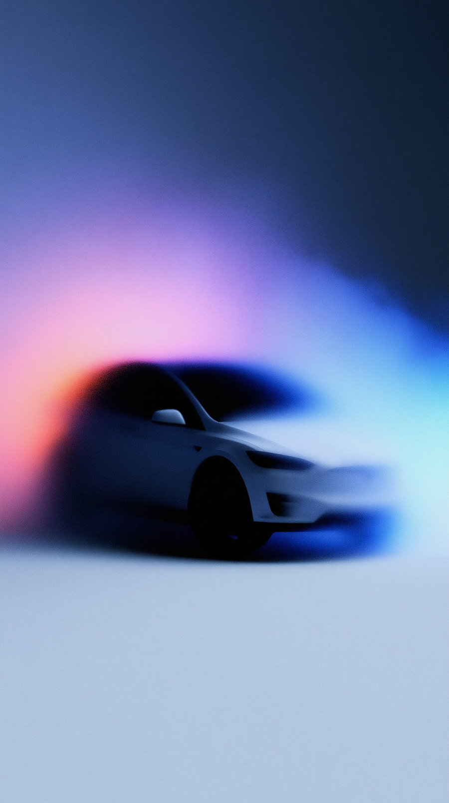A white car partially obscured by a blur effect with surrounding soft gradients of purple, pink, blue, and orange light on a neutral background