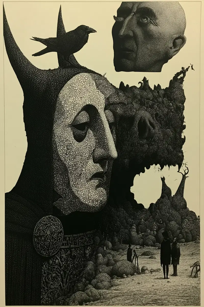 Surreal ink drawing featuring a large horned figure, crow, and mystical landscape