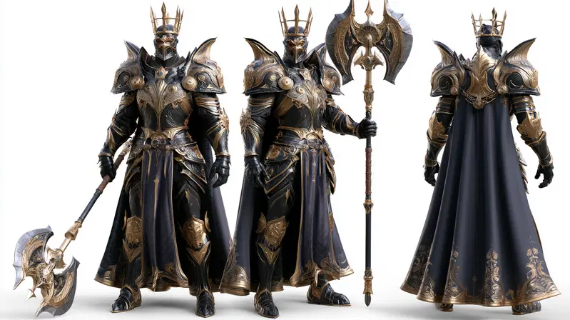 Detailed character design of a regal knight in ornate gold and black armor