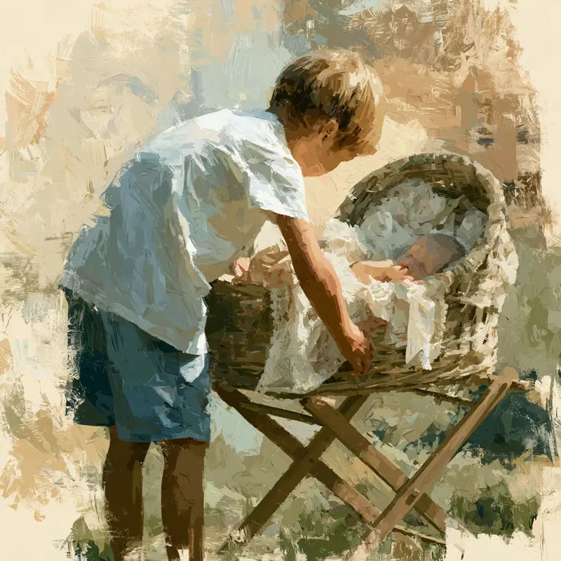 Acrylic painting of a child bending over a wicker cradle with a baby