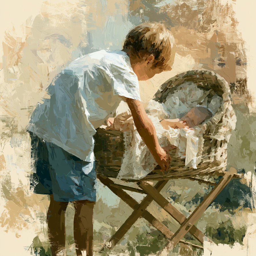 An acrylic-style painting depicting a young child in a white shirt and blue shorts bending over to look at a baby lying in a wicker cradle with a lace cover, set against a textured, abstract background.