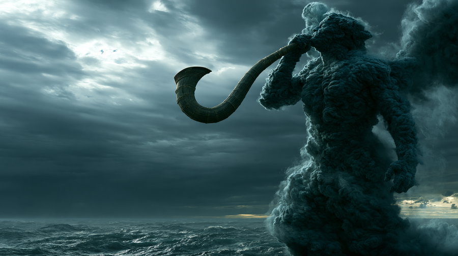 A giant humanoid figure made of dark swirling clouds blowing a large curved horn near the ocean under a cloudy sky during dusk