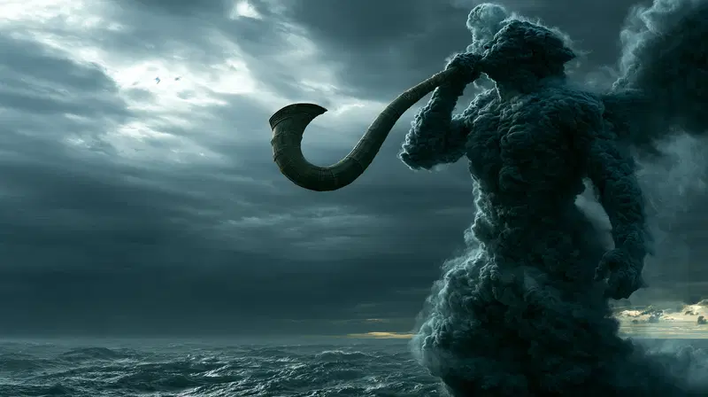 Concept art of a giant cloud figure blowing a horn over the ocean at dusk