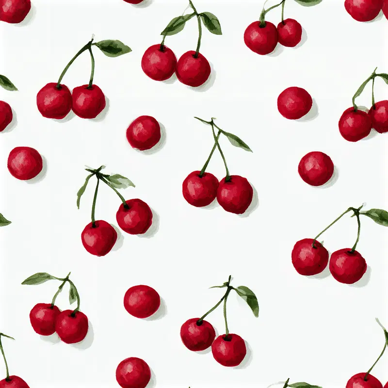 Watercolor style botanical illustration of red cherries with green leaves
