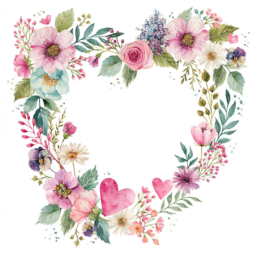 Heart-shaped wreath made of watercolor botanical elements including pink roses, daisies, purple flowers, green leaves, and two pink watercolor hearts