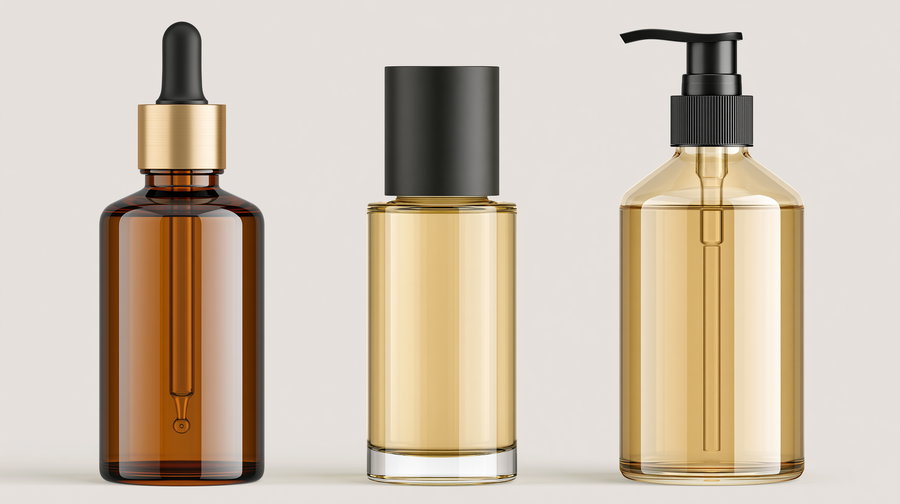 Three glass cosmetic bottles on a neutral background, including an amber dropper bottle with a black pipette and gold collar, a clear cylindrical bottle with black cap, and a clear pump bottle with black pump