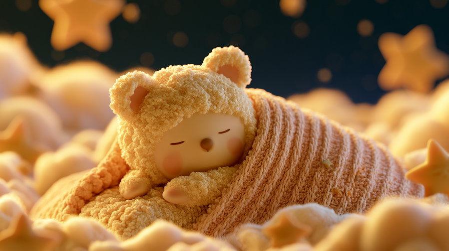 A cute character resembling a small bear, with closed eyes, wrapped in a textured orange blanket, lying on a soft surface surrounded by star shapes.