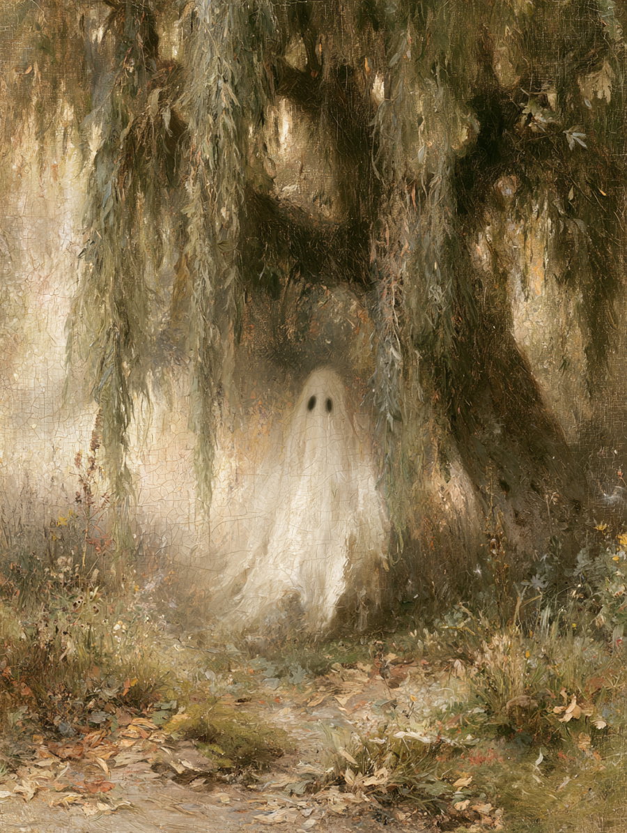 A detailed classic painting of a forest path with a large tree and a ghost figure under it, surrounded by foliage and hanging leaves