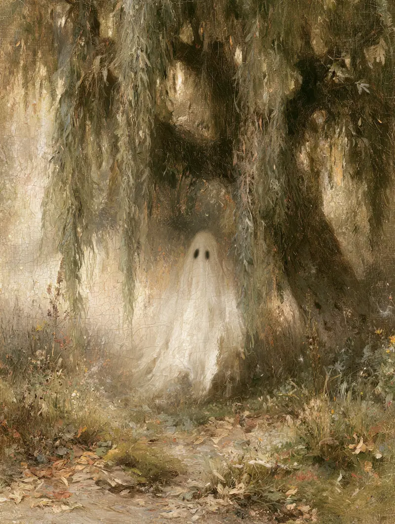 Fine Art Painting Featuring a Ghostly Figure Under a Large Tree in a Forest