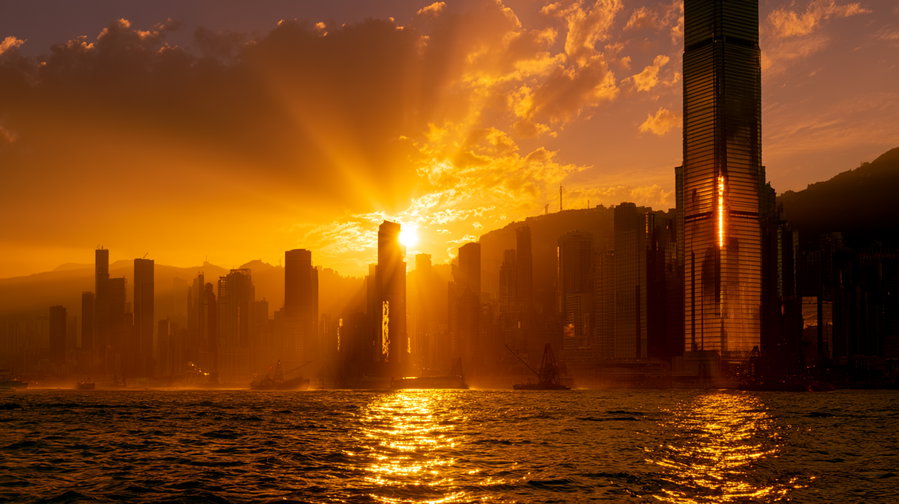 City skyline with tall buildings and a large body of water in the foreground, illuminated by bright golden sunset rays and partly cloudy sky