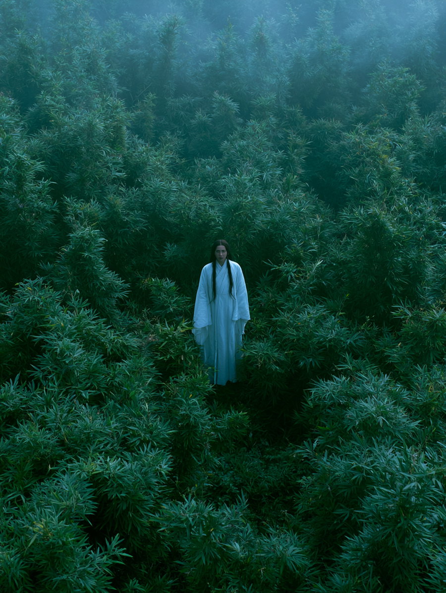 A person dressed in a long white robe standing in the middle of dense, tall green plants with a misty or foggy atmosphere.