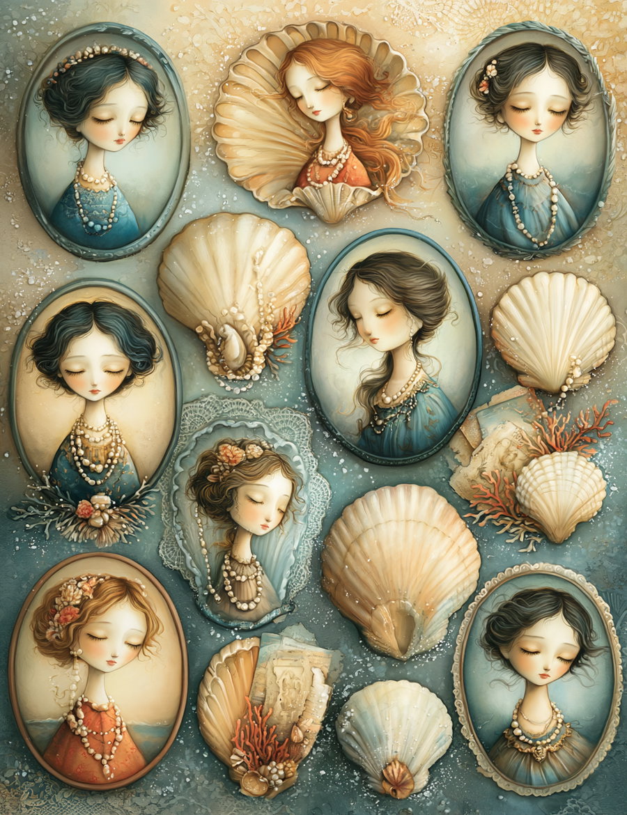 Illustrations of delicate, closed-eyed female portraits in oval frames, interspersed with seashells and coral on a textured blue background