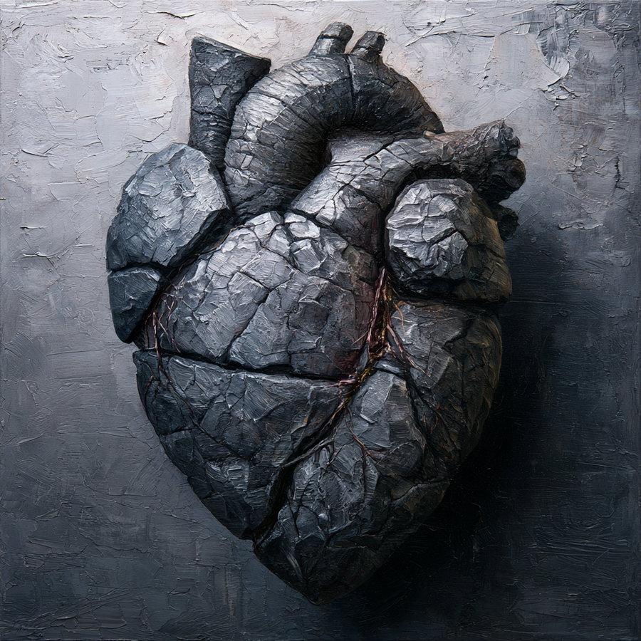 Painting showing a realistic human heart made to appear like cracked stone with textured brush strokes on a muted background