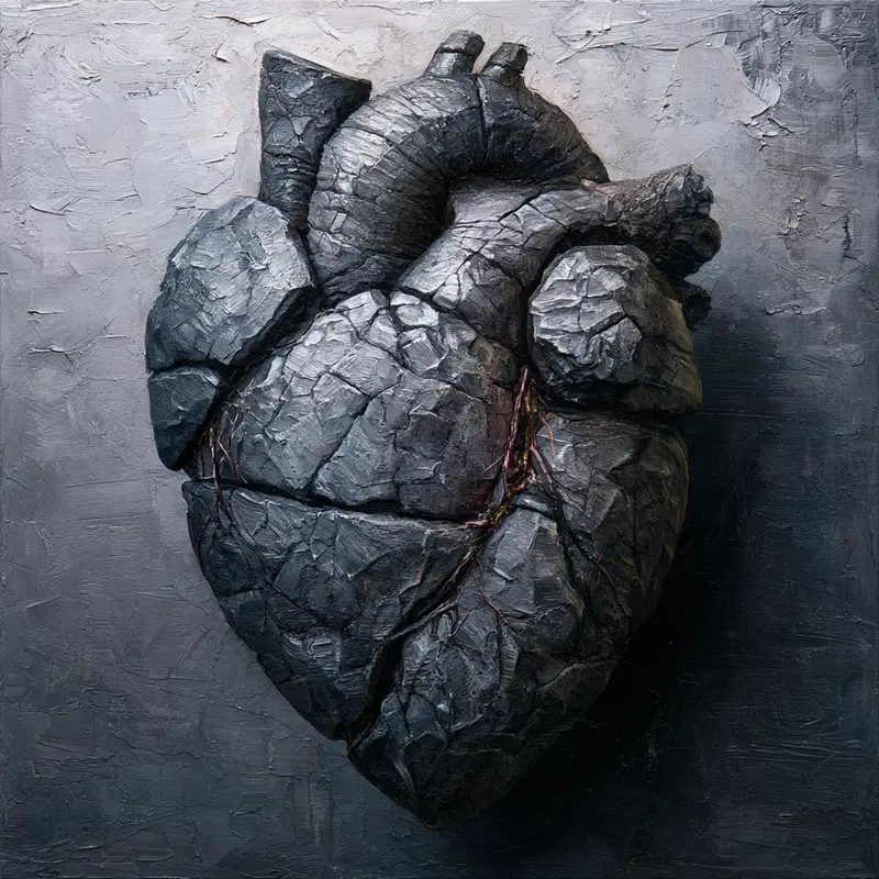 Acrylic painting of a cracked, stone-like human heart on textured background