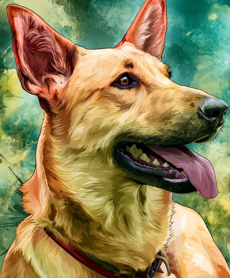 Digital painting of a happy dog with tongue out against textured background