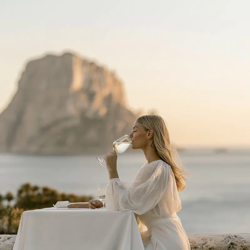 Serene portrait of a woman drinking wine with a mountain backdrop at sunset