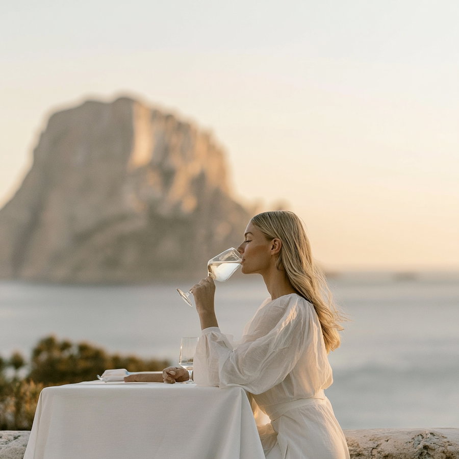 A woman in a white dress sitting at a table with a white tablecloth, drinking wine from a glass, with a large rocky mountain and sea in the background during sunset