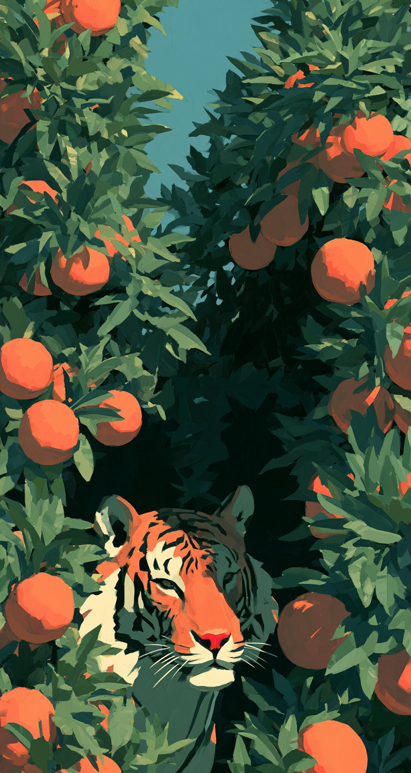 A digital painting showing a tiger partially hidden among the branches and leaves of an orange grove with ripe oranges visible around it.
