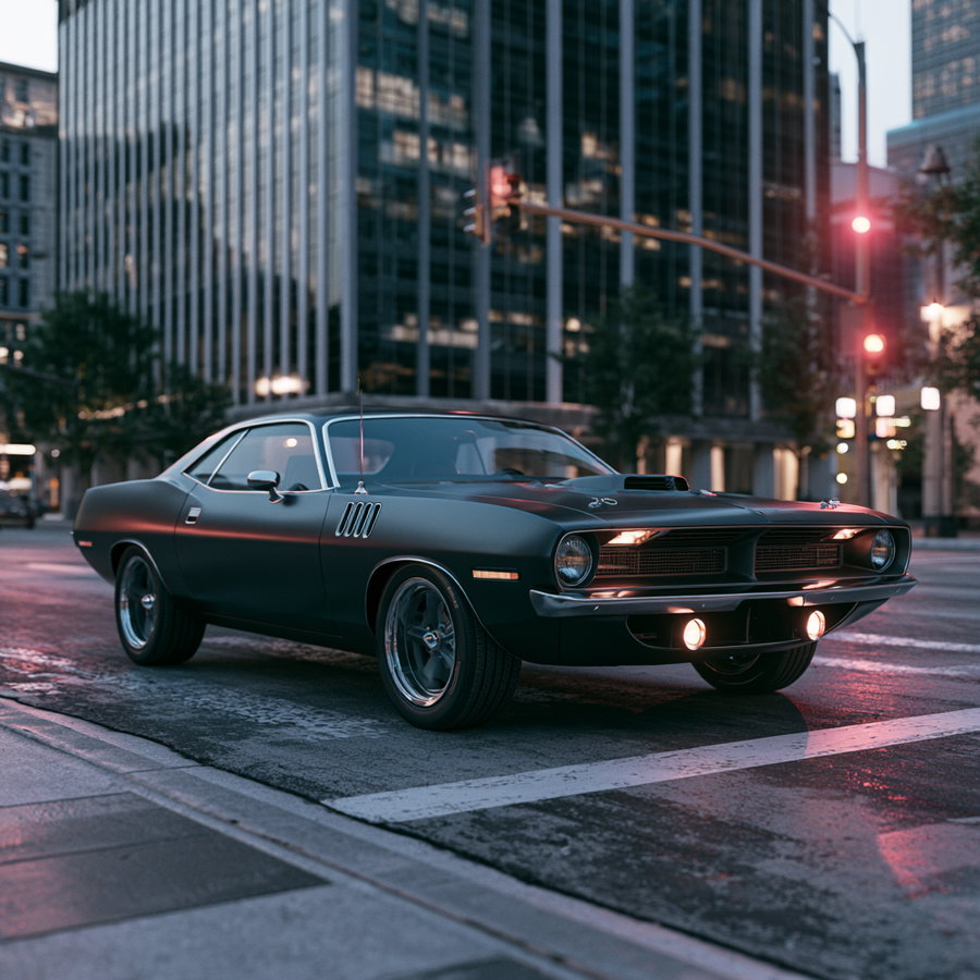 Black vintage muscle car parked on an urban street with wet pavement and city skyscrapers in the background during dusk