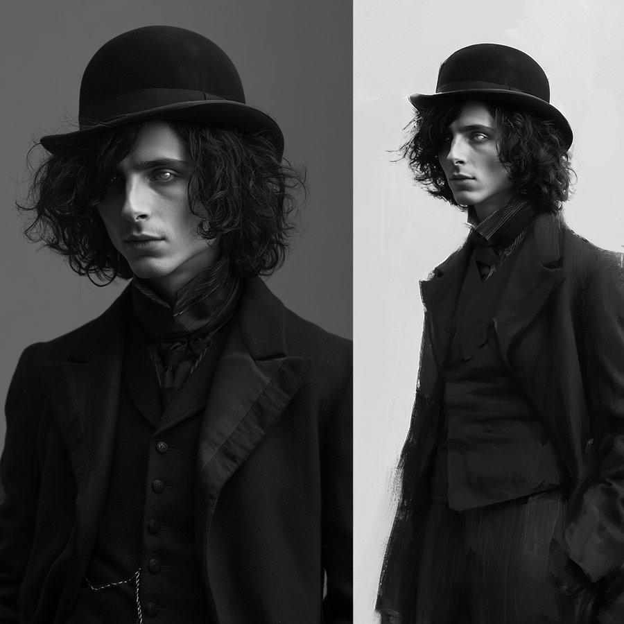 Side-by-side black and white images of a young man with curly hair wearing a bowler hat and vintage suit; one is a photograph and the other a painted portrait