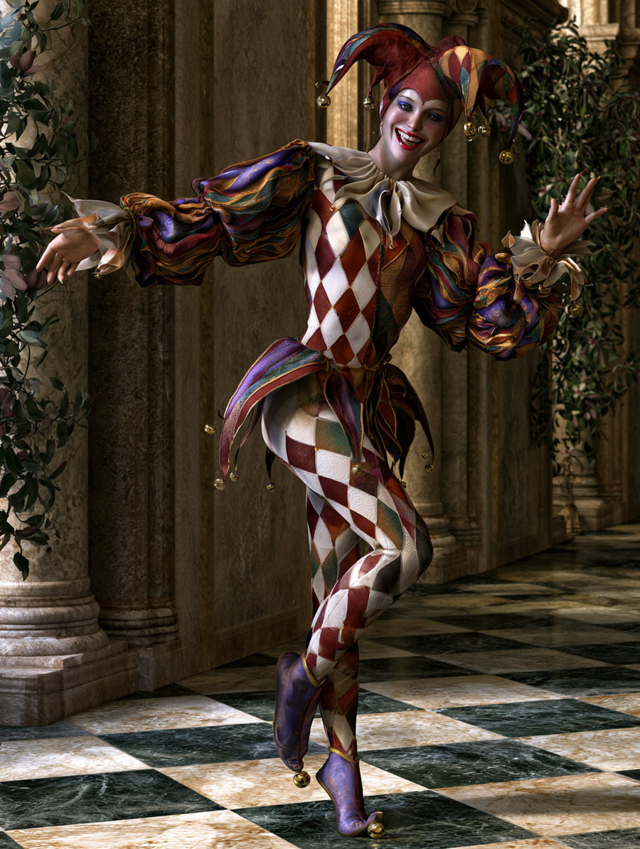 Person posing in a detailed jester costume with a colorful harlequin pattern, puffed sleeves, and bells on the hat and shoes, standing on a checkered marble floor with classical columns and greenery in the background