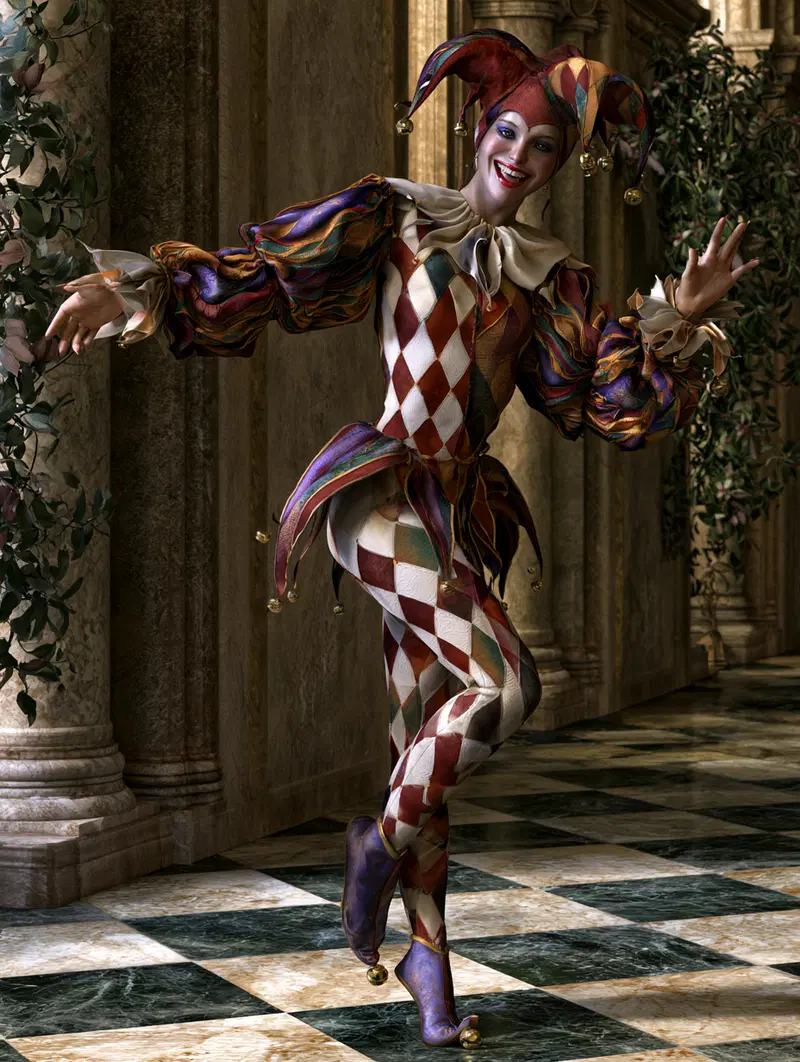 Detailed jester costume with colorful harlequin pattern and bells in classical hallway