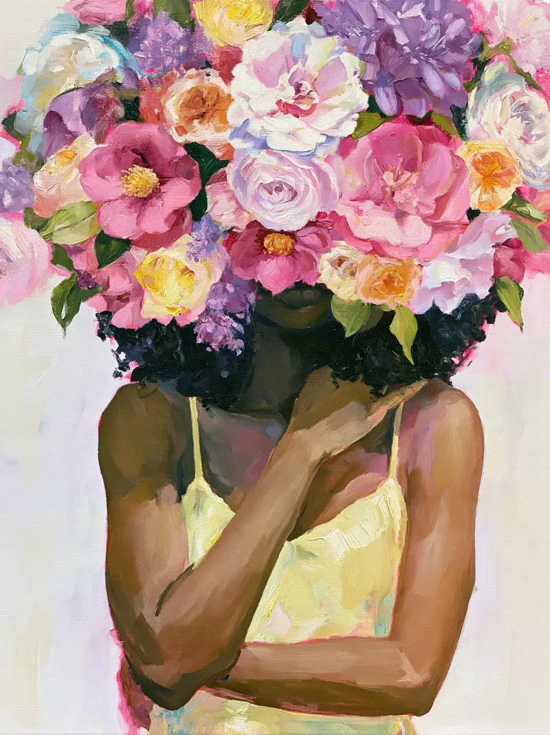 Acrylic painting of a woman with flowers covering her head in a yellow dress