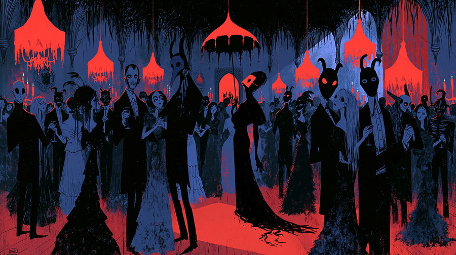 Dark surreal ballroom scene with masked characters under dripping red chandeliers in illustration style