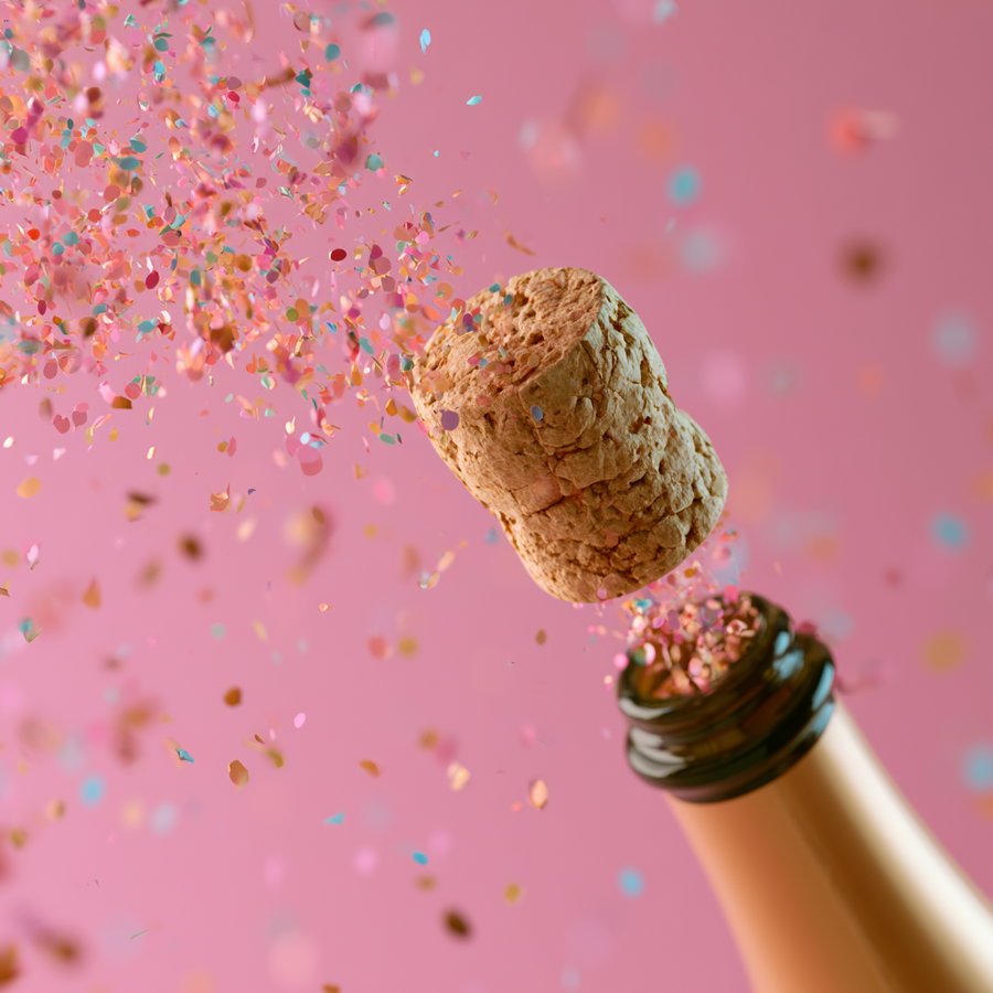 Champagne bottle cork popping out with colorful confetti flying against a pink background