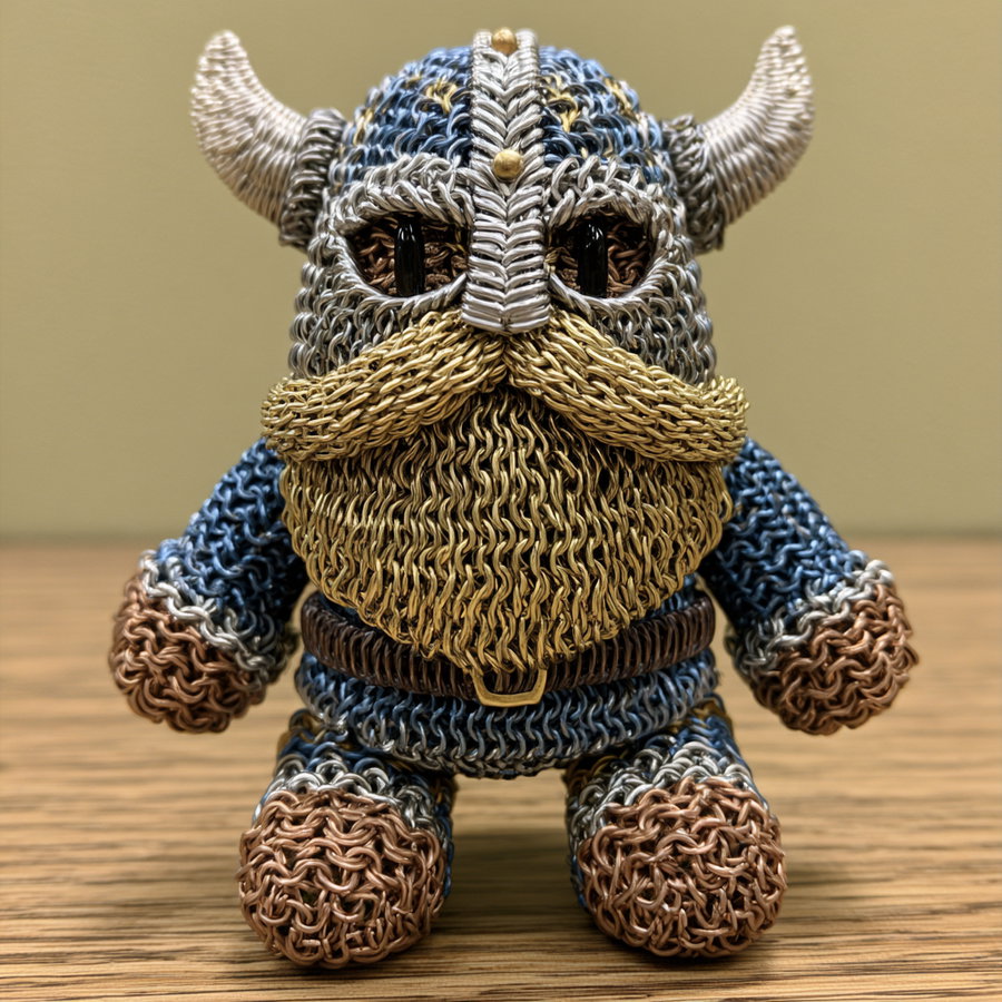 Small sculpture of a Viking warrior made from interlinked metal loops resembling chainmail, featuring horns on the helmet, a large golden beard and mustache, and detailed armor sitting on a wooden surface