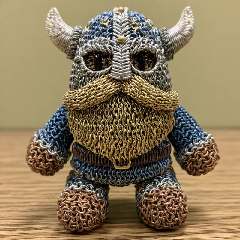 Intricate Viking warrior figure crafted entirely from chainmail loops