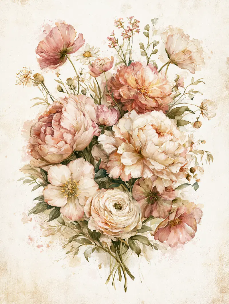 Detailed botanical illustration of soft pink and cream flower bouquet