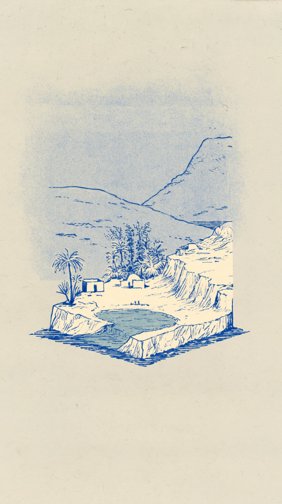 An ink drawing in shades of blue of a coastal landscape featuring a small body of water, cliffs, palm trees, and a few simple buildings