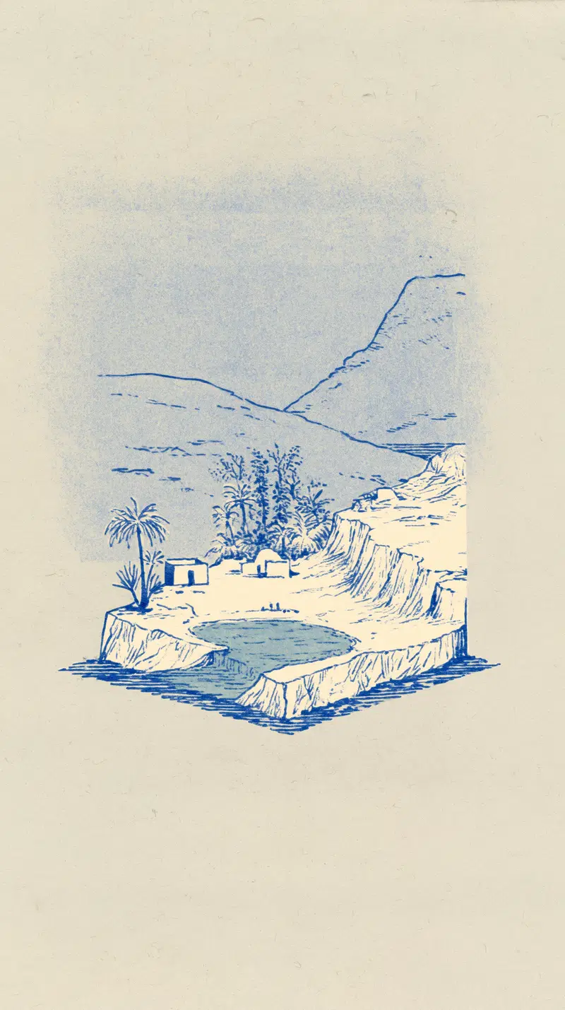 Minimalist blue ink landscape painting of a small tropical coastal area