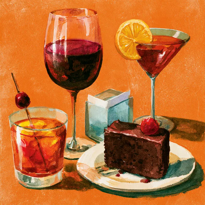 Watercolor painting of cocktails and a chocolate cake slice on vibrant background