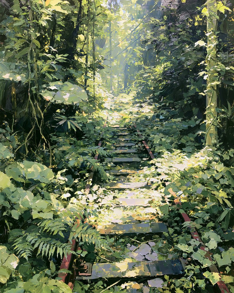 An oil painting depicting an old railway track overgrown with green plants and foliage, with sunlight filtering through trees in the background